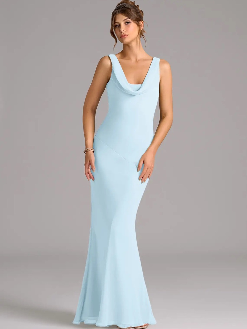 Azazie Light Blue Sleeveless Cowl Neck Maxi Gown